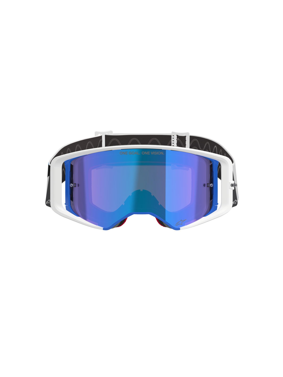 Alpinestars Supertech Corp Absolute Vision motorcrossbril, wit en blauw frame met blauwe spiegelende lens, voorzien van 'ONE GOAL. ONE VISION.' tekst op de lens, zwart-witte verstelbare band, hoogwaardige bril voor off-road racing