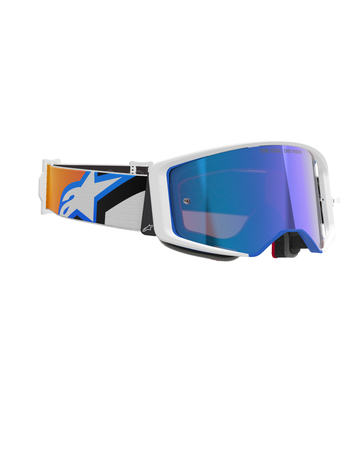 Alpinestars Supertech Corp Goggles Absolute Vision, motocrossbril, wit frame met blauwe spiegellens, verstelbare band met blauw en oranje grafisch ontwerp en Alpinestars-logo, professionele off-road racebril