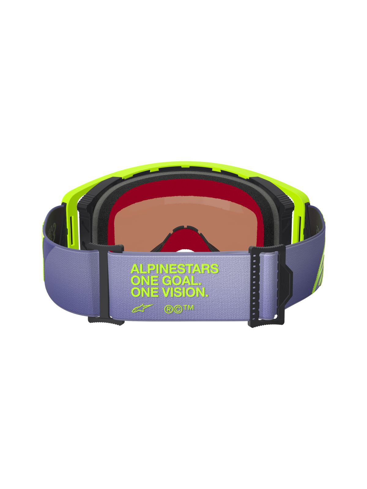 Alpinestars Supertech Vision Corp Goggles, achteraanzicht, lichtpaarse band met neongele 'ALPINESTARS ONE GOAL. ONE VISION.' tekst, neongeel frame, meerlaags zwart gezichtsschuim en getinte lens voor motorcross en off-road racing