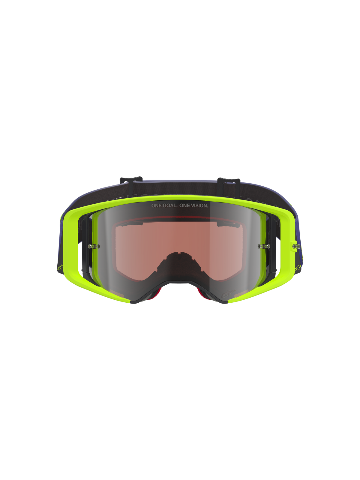 Alpinestars Supertech Vision Corp Goggles, motorcrossbril, fluorescerend geel frame met paarse band, Mirror Silver getinte lens met de tekst 'ONE GOAL. ONE VISION.', hoogwaardige oogbescherming voor off-road racing