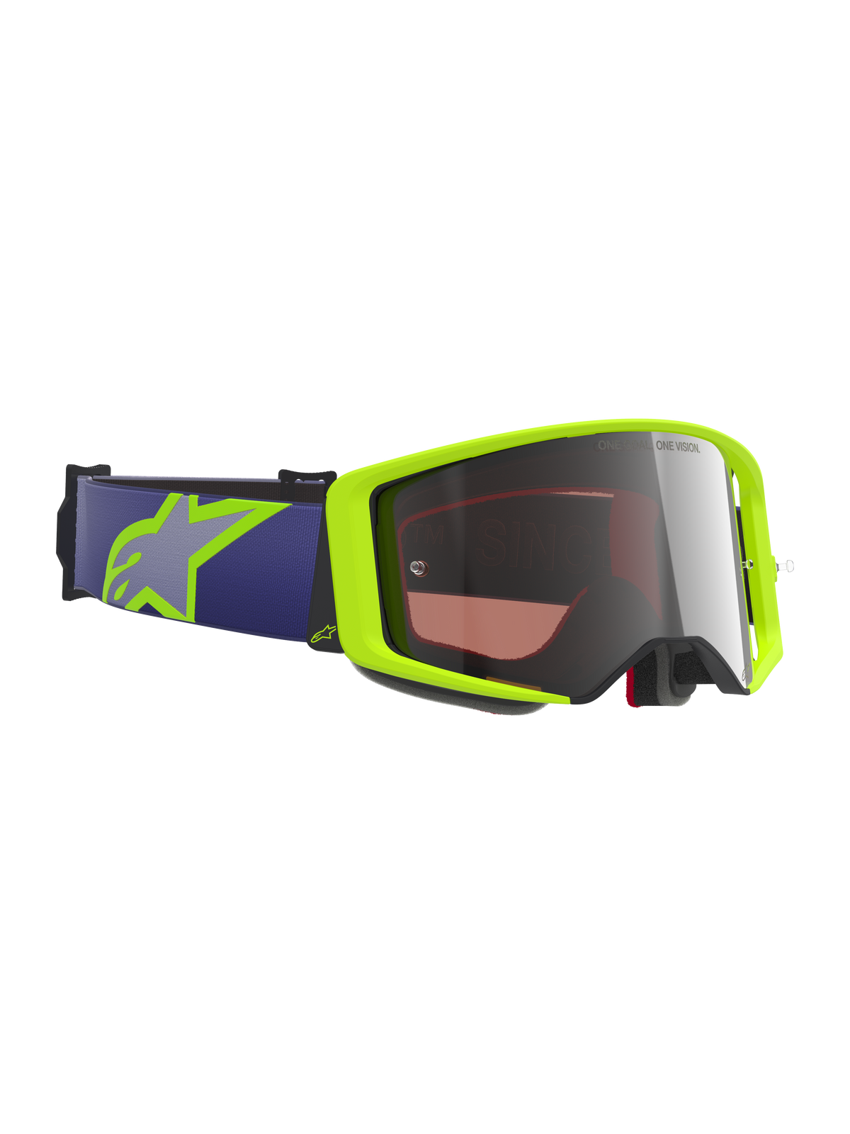 Alpinestars Supertech Vision Corp Goggles, motorcrossbril, fluorescerend geel en paars, Mirror Silver lens, paarse elastische band met limegeel Astars-logo, gespecialiseerde oogbescherming voor off-road en dirtbike-races