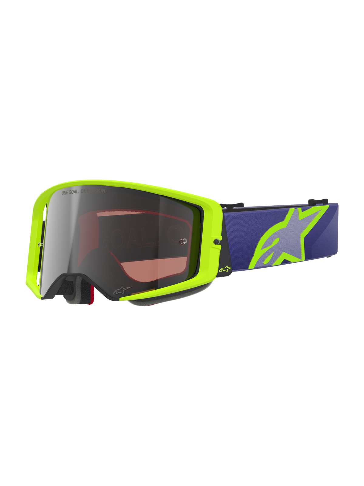 Alpinestars Supertech Vision Corp crossbril, motorcross/off-road bril, neongeel en paars, zilverkleurige gespiegelde lens met 'One Goal One Vision' tekst, paarse band met groot neongeel sterlogo, zwarte schuimvulling, slagvast gebogen lensontwerp
