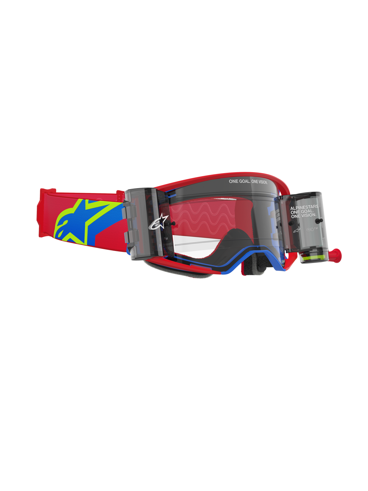 Alpinestars Supertech Corp Roll-Off Goggles, motorcrossbril, rood en blauw frame met heldere lens, geïntegreerd Wide Vision Roll-Off systeem met dubbele canisters, rode verstelbare band met blauw en geel sterlogo, professionele oogbescherming voor off-road racen