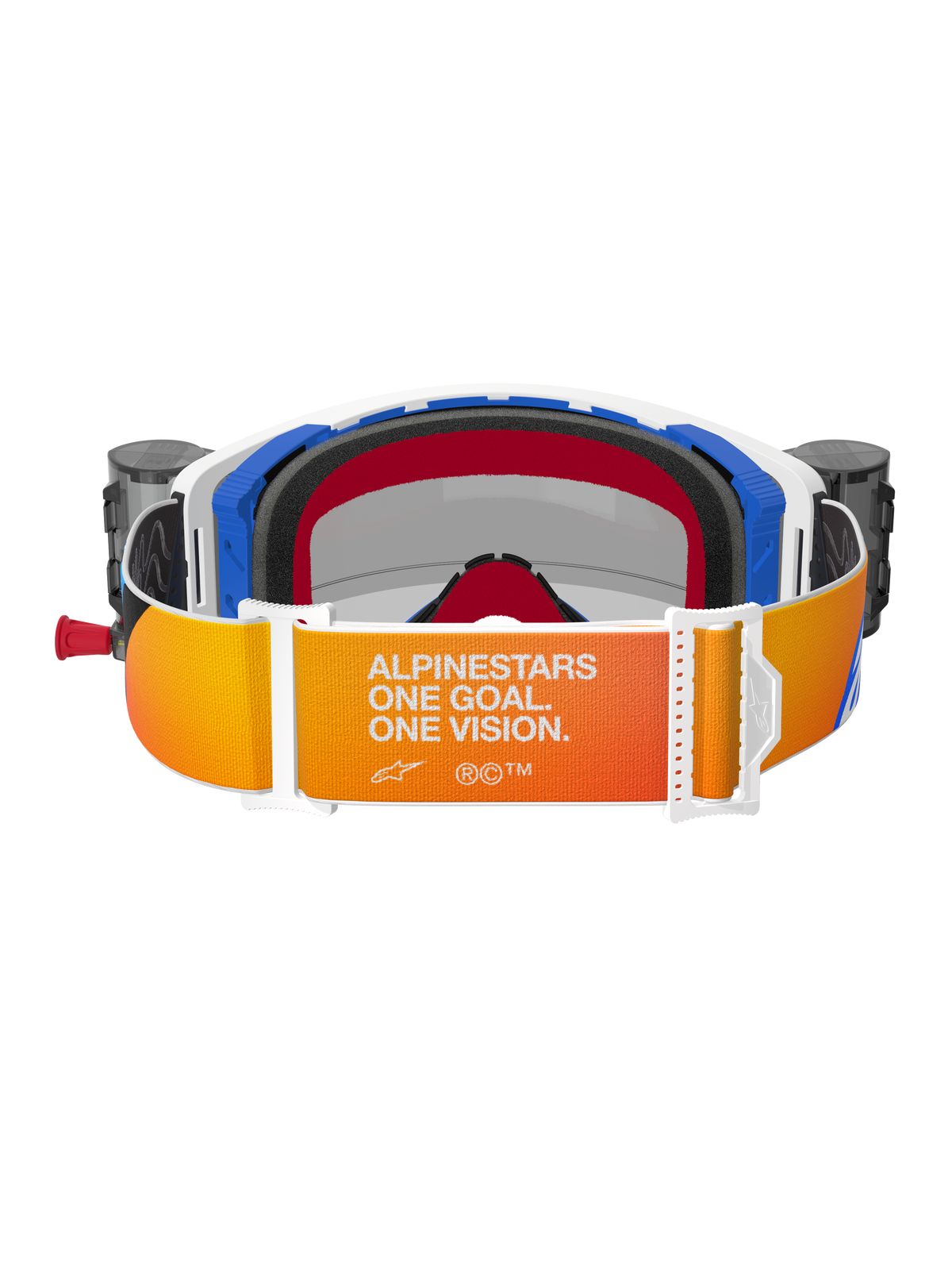 Alpinestars Supertech Corp Goggles Roll Off, achteraanzicht, band met oranje en geel kleurverloop en witte 'Alpinestars One Goal. One Vision.' tekst, blauwe en witte frameonderdelen met zwart 3D-gevormd gezichtsschuim, geïntegreerde roll-off canisters zichtbaar aan de zijkanten