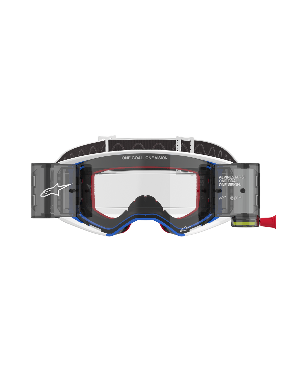 Alpinestars Supertech Corp Goggles Roll Off, motocrossbril, blauw en wit frame met oranje accenten, geïntegreerd wide-view roll-off systeem met heldere lens, professionele off-road oogbescherming voorzien van Alpinestars-branding en "One Goal. One Vision." tekst