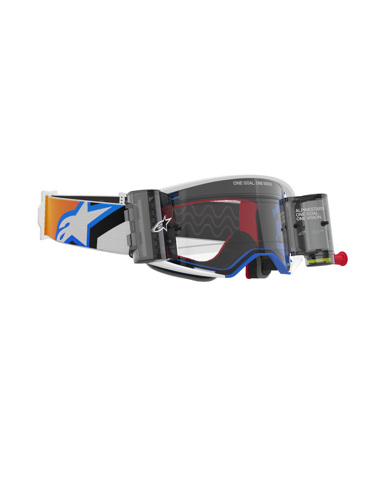 Alpinestars Supertech Corp Roll-Off crossbril, blauwe en oranje kleuruitvoering, heldere spuitgegoten lens met Wide Vision Roll-Off systeem, gegolfde siliconen glijlijnen, verstelbare elastische band met opvallend Alpinestars-logo, hoogwaardige motocross-bril