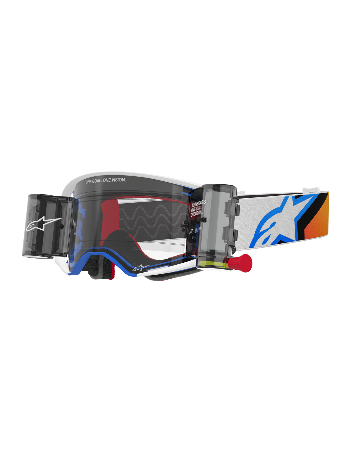 Alpinestars Supertech Corp Goggles Roll Off, motorcrossbril, blauw en oranje design, wit frame met heldere lens en roll-off systeem, voorzien van wide vision canisters en een blauw Astars-logo op de band