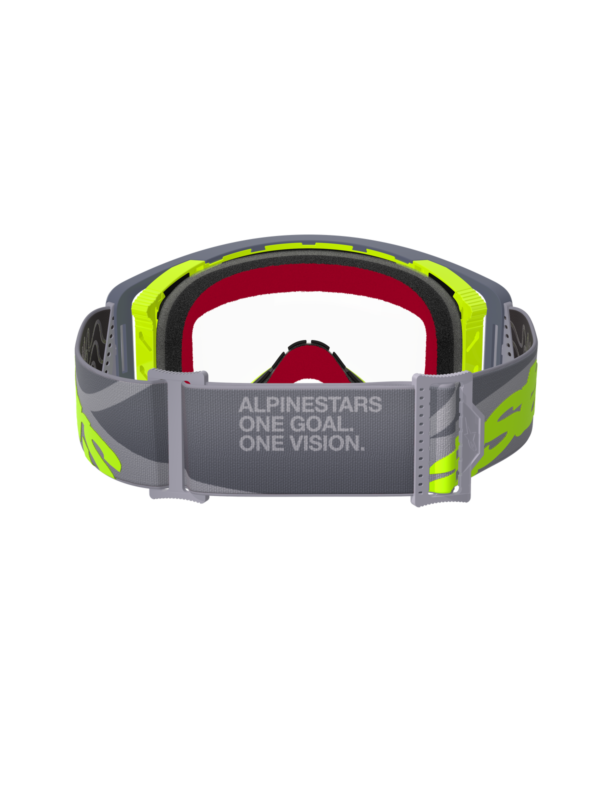 Alpinestars Supertech Stream Goggles, motorcrossbril, grijs en fluogeel, achteraanzicht met de verstelbare grijze band met 'ONE GOAL. ONE VISION.' tekst, heldere lens en meerlaags gezichtsschuim, professionele off-road race-uitrusting