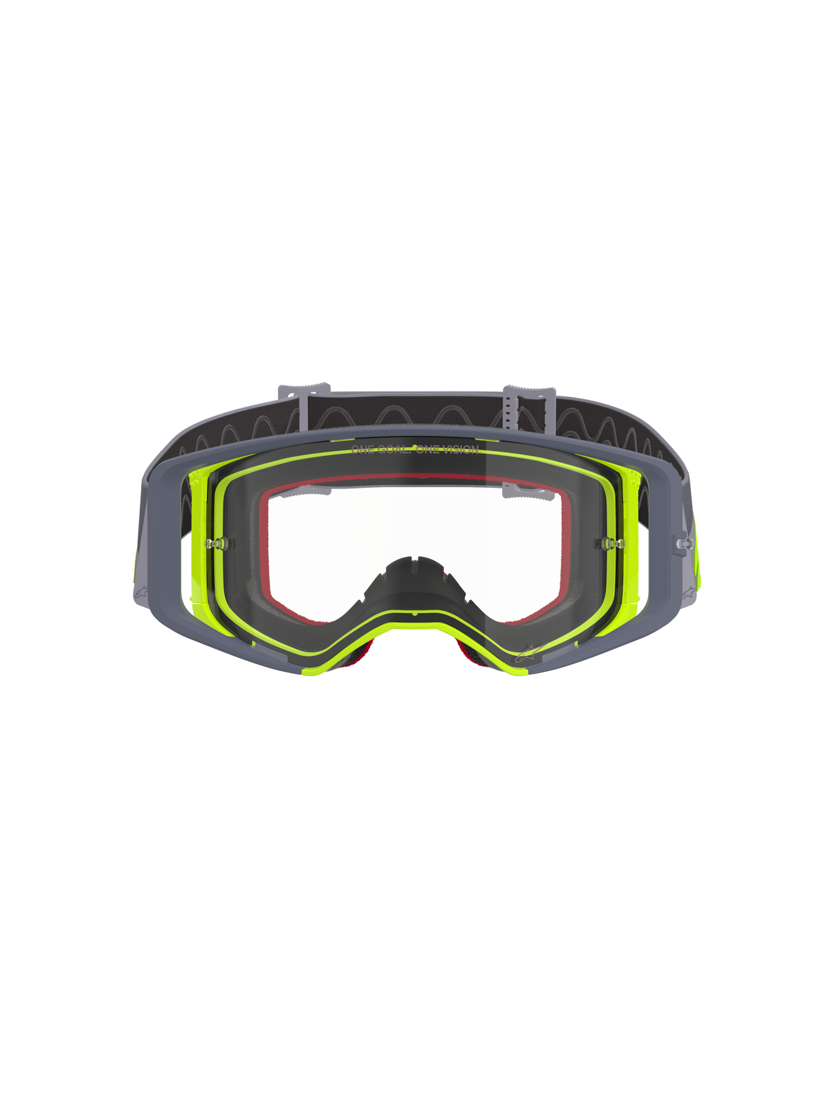 Alpinestars Supertech Stream crossbril, motorcrossbril, grijs en fluorescerend geel frame met heldere lens, vooraanzicht met breed gezichtsveld en technische frameconstructie, oogbescherming voor off-road racen