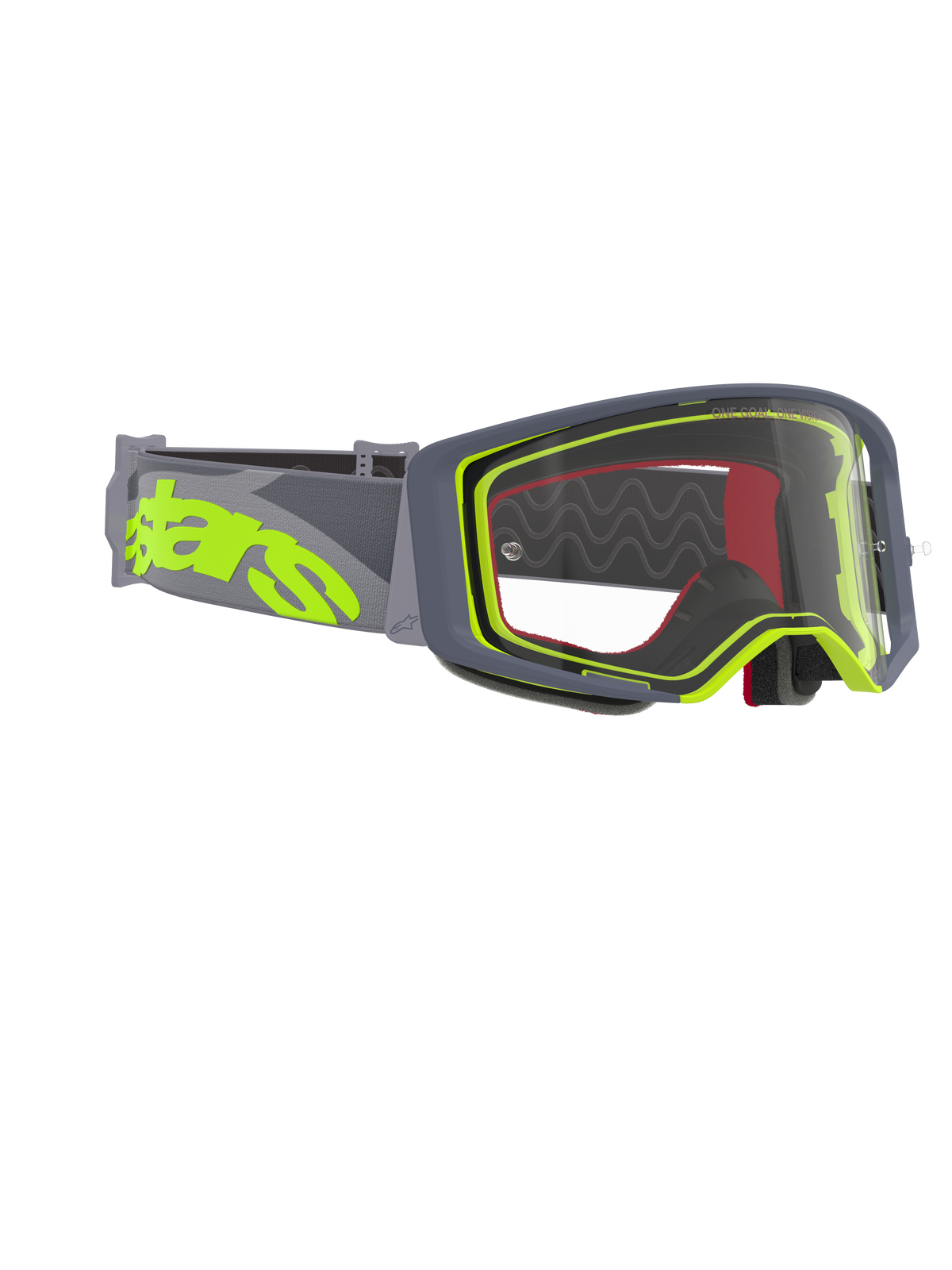 Alpinestars Supertech Stream Goggles, motorcrossbril, grijs en fluogeel montuur met heldere lens, voorzien van een brede grijze band met een groot fluogeel logo, ontworpen voor off-road- en motorcrossprestaties