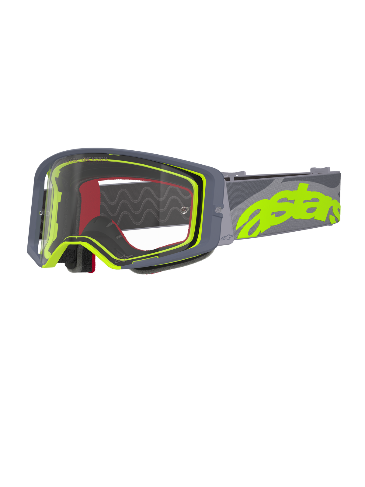 Alpinestars Supertech Stream Goggles, motorcrossbril, grijs en fluogeel, heldere lens met grijs frame, rood schuim aan de binnenzijde, brede grijze band met opvallende neongele astars-branding, professionele off-road racebril.