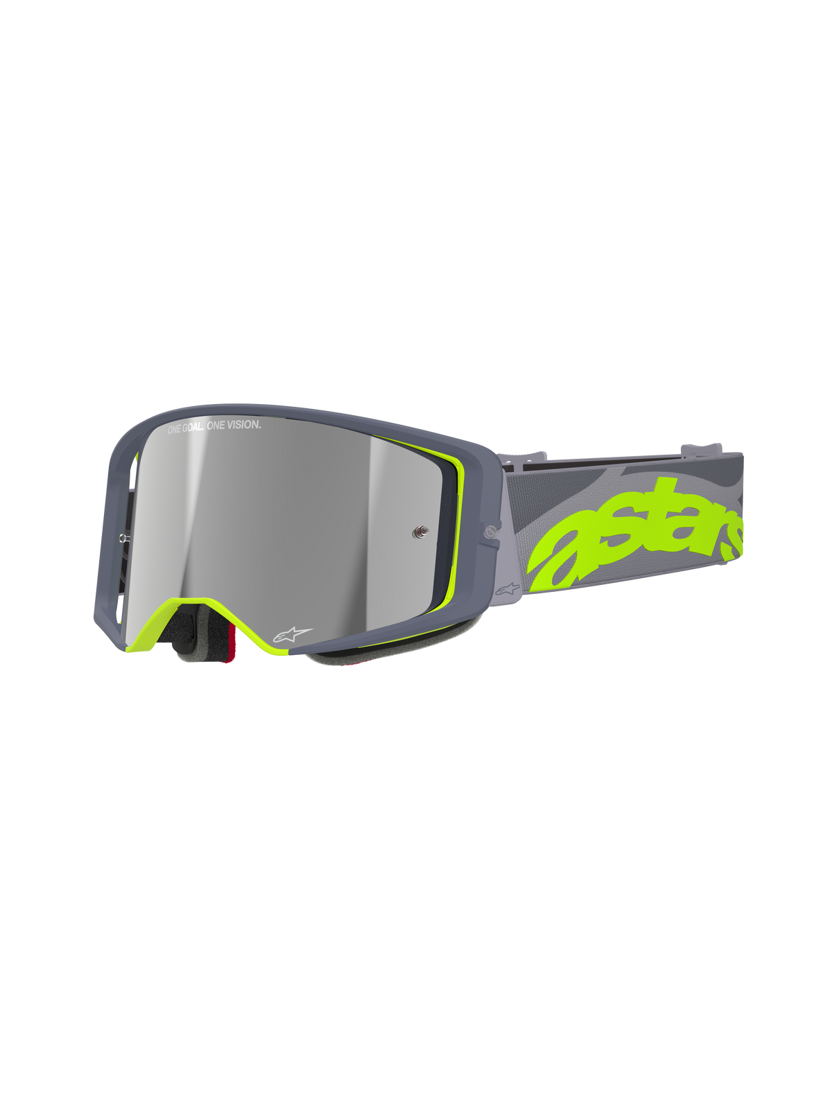 Alpinestars Supertech Stream Goggles, motorcrossbril, grijs en fluogeel, Mirror Silver reflecterende lens, breed hoekig frame met schuimvulling, verstelbare band met opvallende neon branding