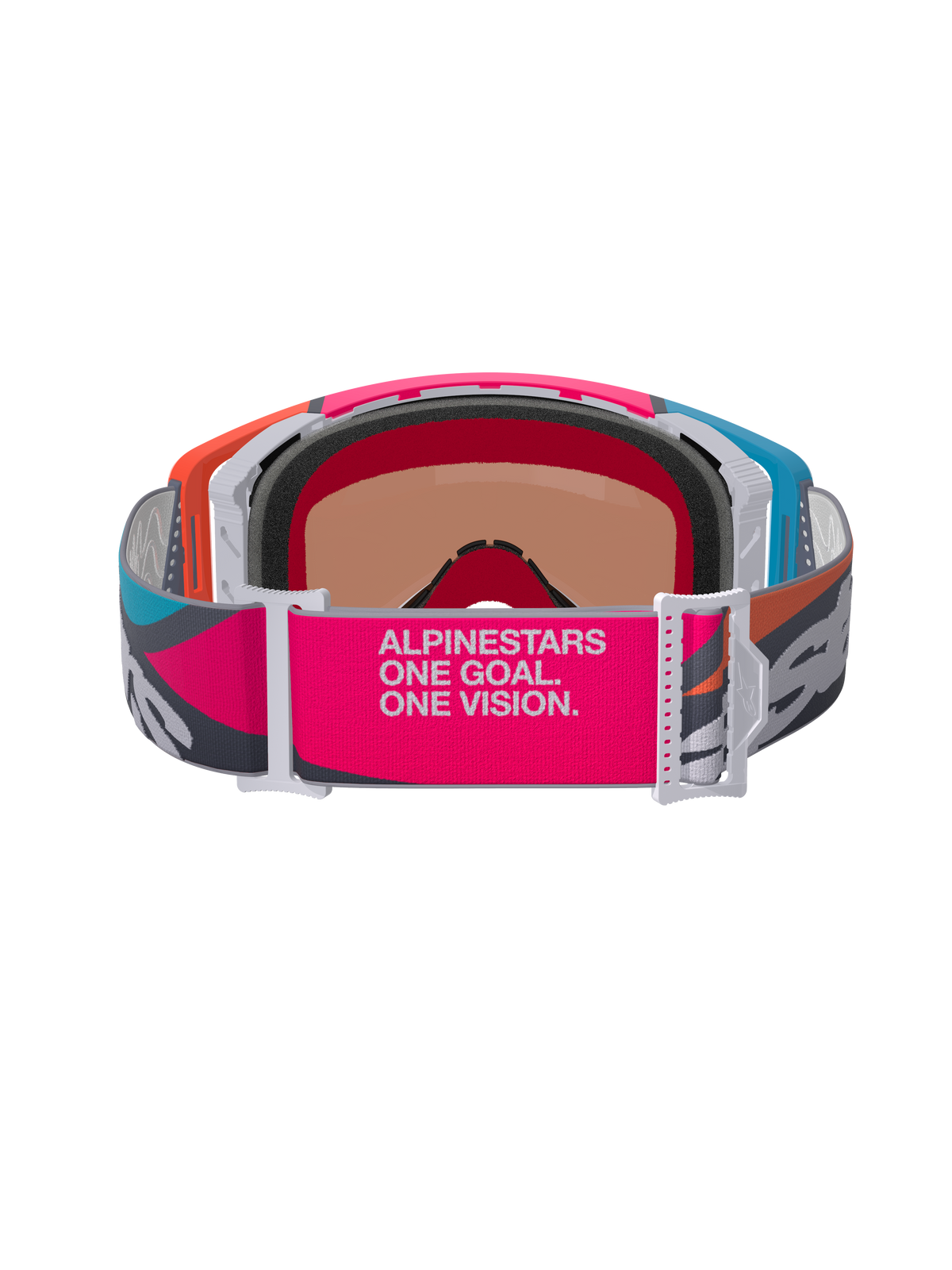 Alpinestars Supertech Stream crossbril, achteraanzicht met brede roze en grijze band met 'ALPINESTARS ONE GOAL. ONE VISION.' branding, meerkleurig frame in oranje en blauw, 3D-gevormd gezichtsschuim, professionele motorcross- en off-road bril