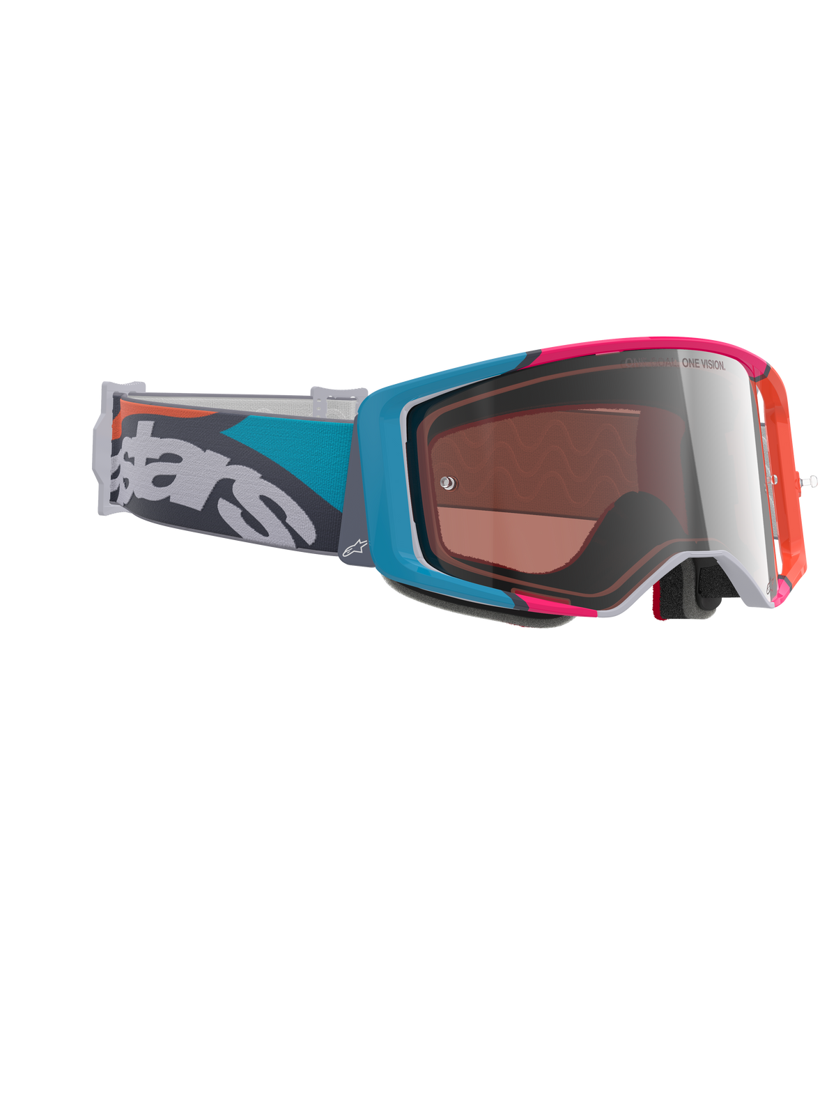Alpinestars Supertech Stream crossbril, motorcrossbril, grijs frame met blauwe en roze accenten, Silver Multi Mirror lens, petrolblauwe en grijze band met opvallende witte branding, hoogwaardige off-road racebril
