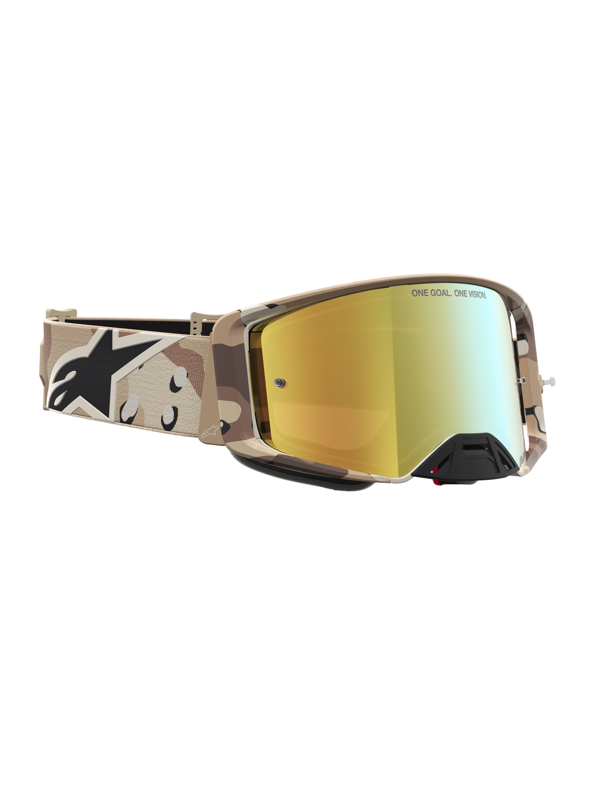 Alpinestars Supertech Lone veiligheidsbril, motocrossbril met goudkleurige spiegellens en zandkleurig camouflagepatroon.