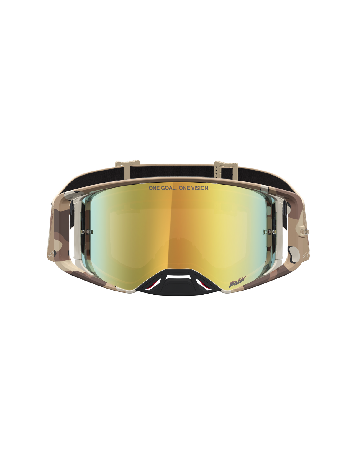 Alpinestars Supertech Lone veiligheidsbril voor motocross in camo desert met een gouden spiegelvizier, ontworpen voor elite racing prestaties.