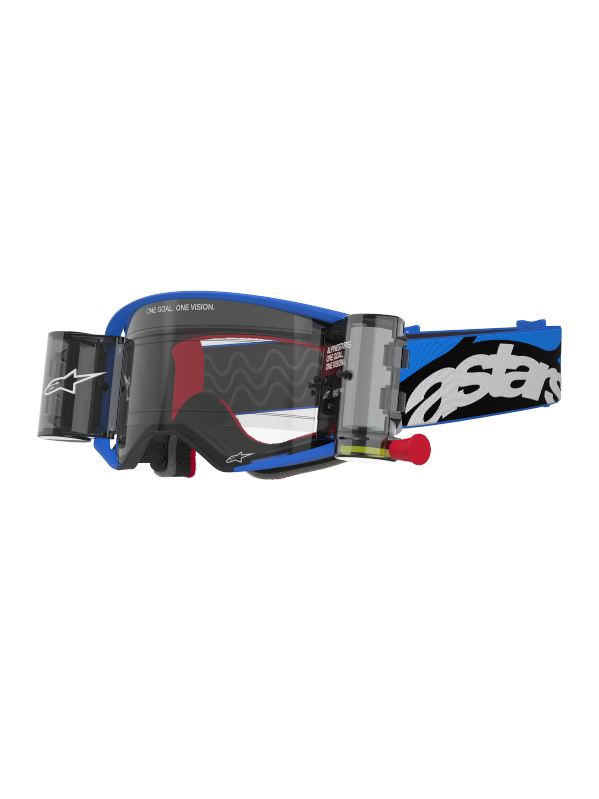 Alpinestars Supertech Stream Goggles, Motocross Goggles, Blue frame with clear lens and integrated roll-off canisters, red internal accents, blue and black strap with bold white logo, professional eyewear for off-road racing