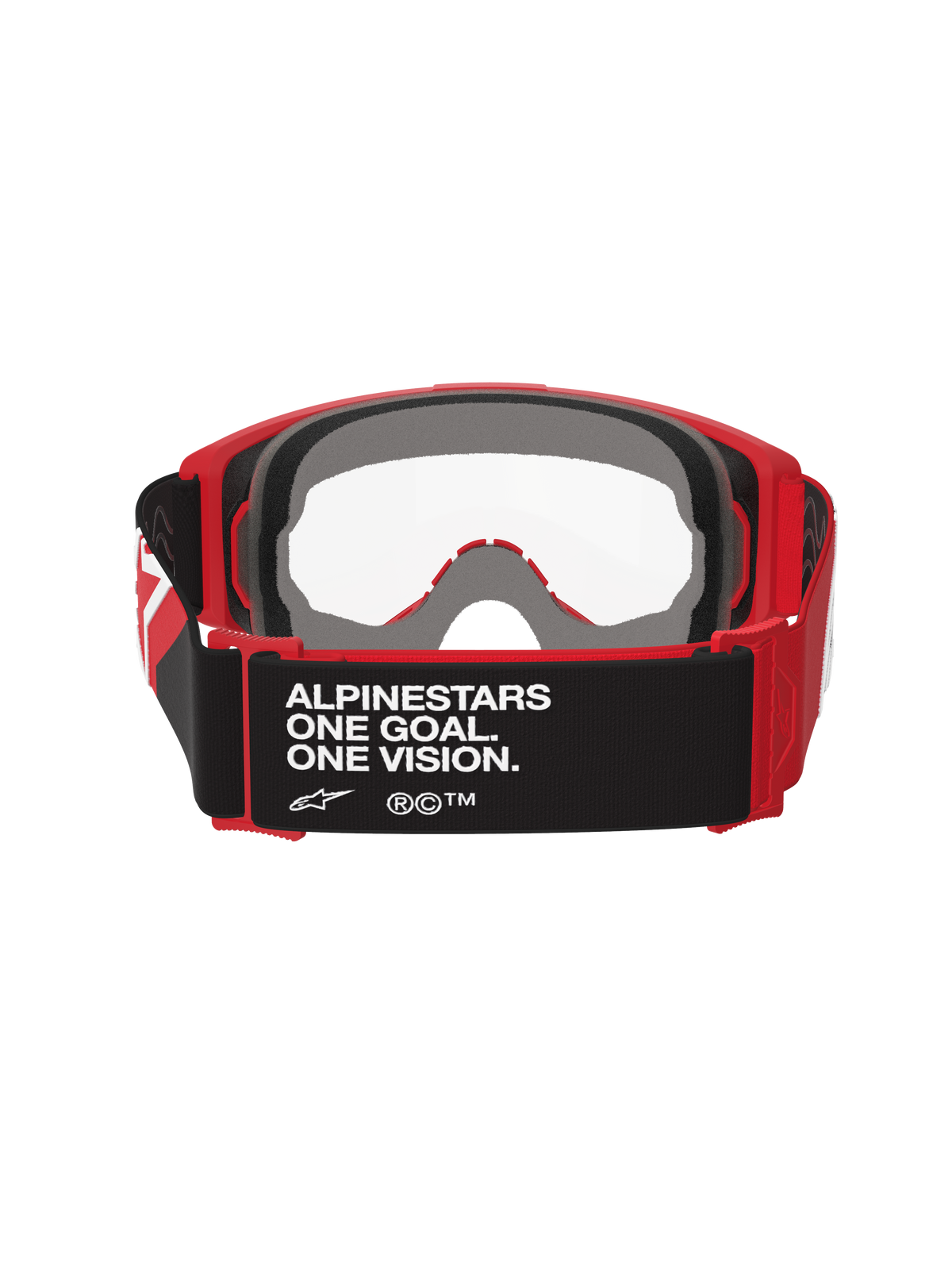 Alpinestars Vision Goggles OTG, motorcrossbril, rood en zwart met heldere lens, achteraanzicht met zwarte band met 'ALPINESTARS ONE GOAL. ONE VISION.' tekst, dik meerlagig gezichtsschuim en rood flexibel frame voor een pasvorm over een bril