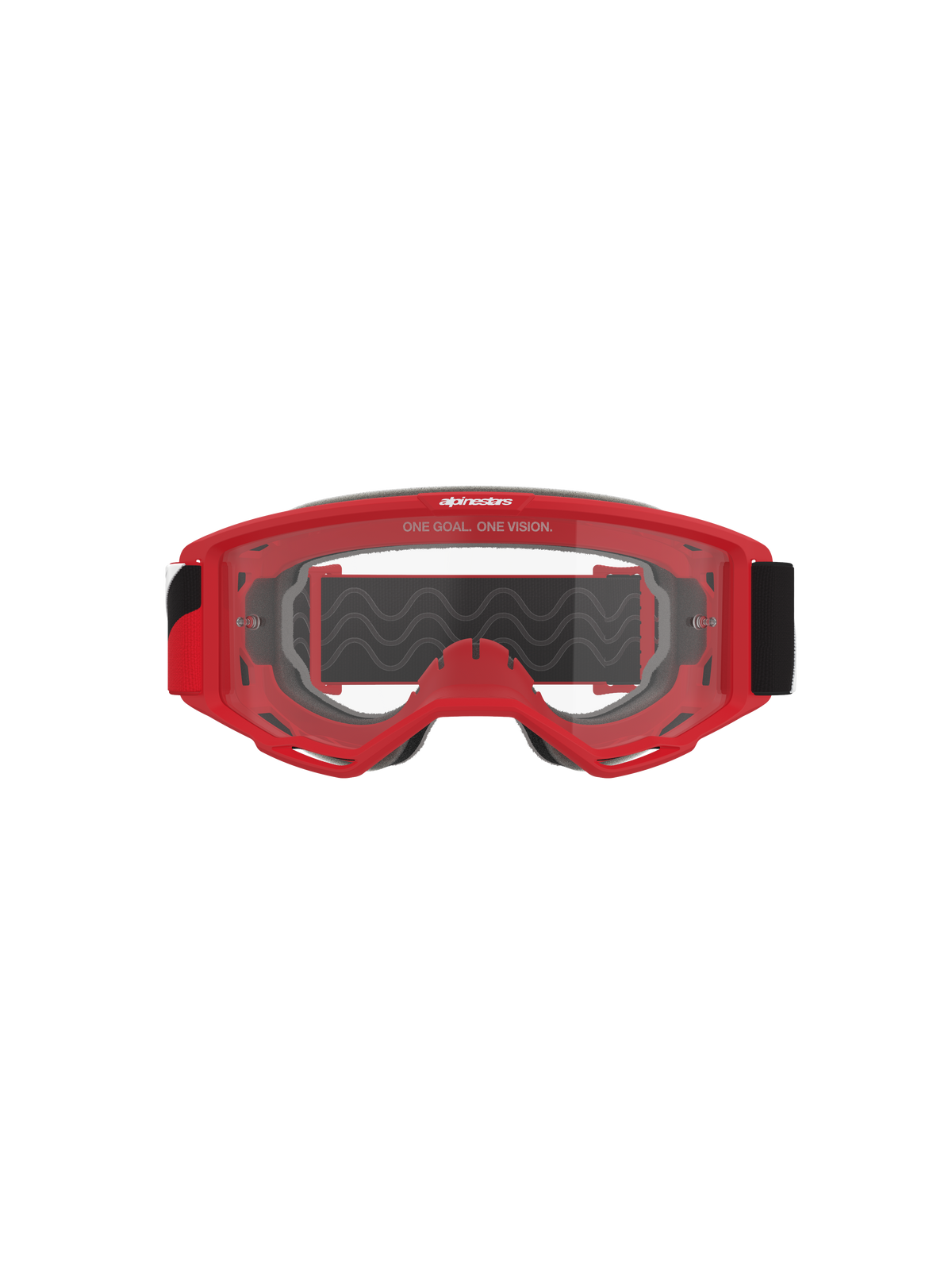 Alpinestars Vision Goggles OTG, motorcrossbril, rood montuur met heldere anti-condens lens, vooraanzicht met 'ONE GOAL. ONE VISION.' slogan, brede zwarte band, hoogwaardige oogbescherming voor off-road racen