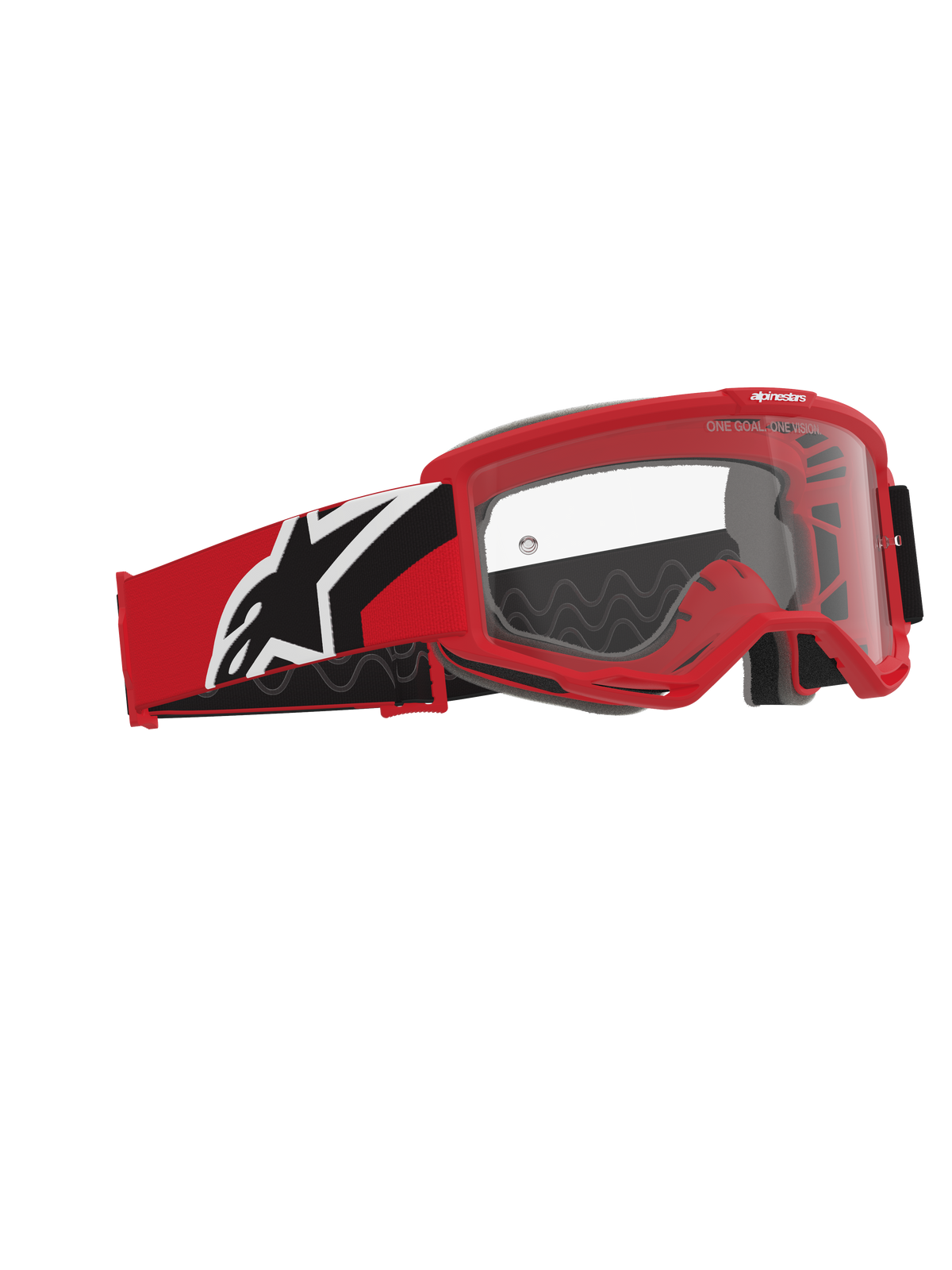 Alpinestars Vision Goggles OTG, motorcrossbril, rood, zwart en wit, heldere polycarbonaat lens, frame met groot volume ontworpen voor brillen op sterkte, rode en zwarte band met wit Alpinestars-logo