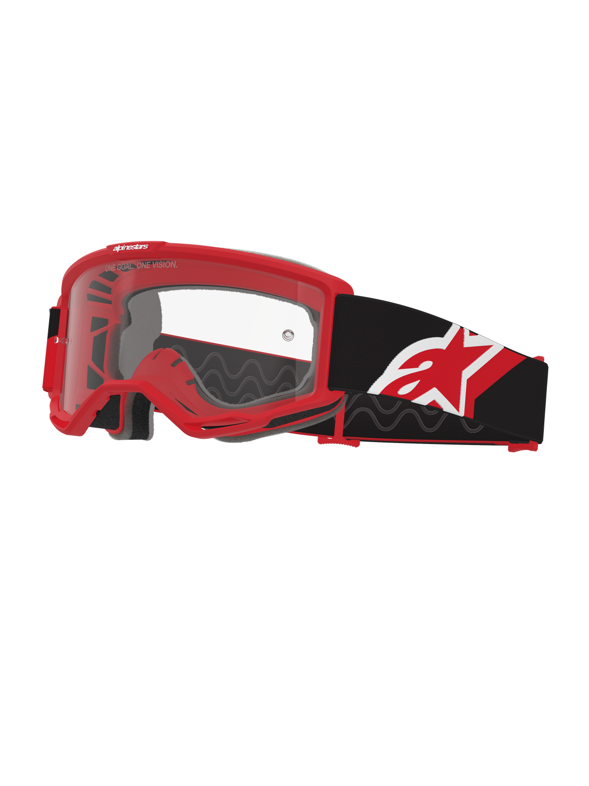 Alpinestars Vision Goggles OTG, motorcrossbril, rood, zwart en wit met heldere lens, over-the-glass ontwerp met een diep rood frame, brede zwarte band met rood en wit sterlogo, optimale ventilatie voor off-road racen