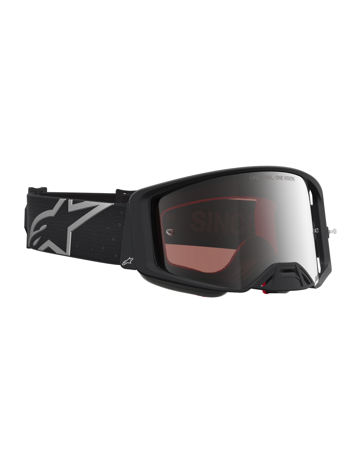 Alpinestars Supertech Vesta motocross-veiligheidsbril, zwart met zilveren spiegelglas en logo op de elastische band.