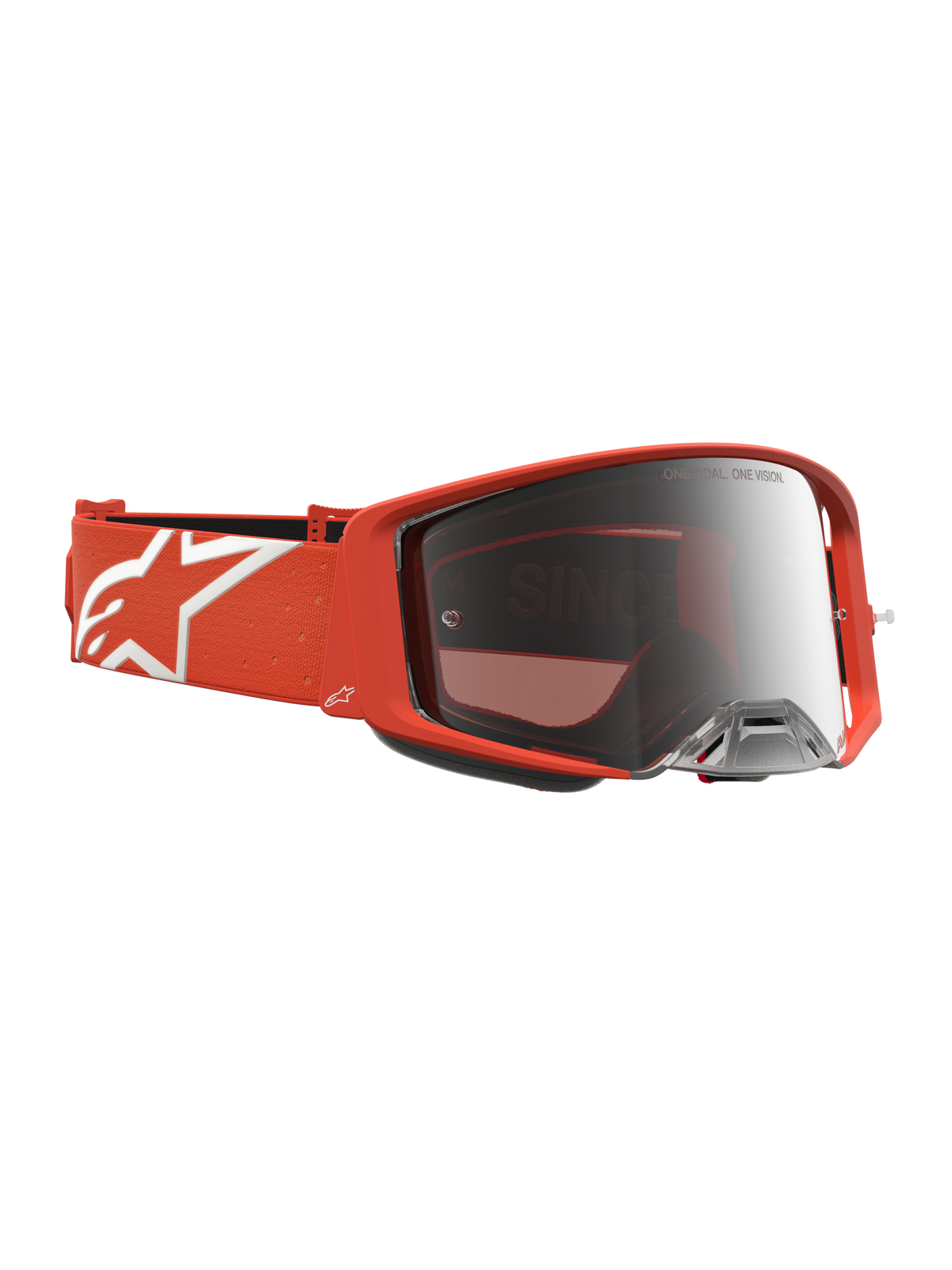 Alpinestars Supertech Vesta veiligheidsbril, oranje motocrossbril met zilveren spiegelglas en wit sterlogo op de band