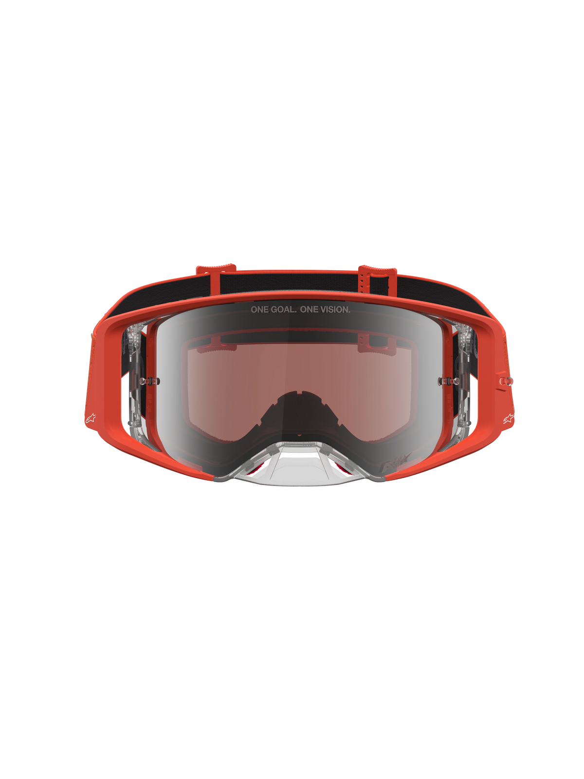 Alpinestars Supertech Vesta veiligheidsbril voor motocross, oranje frame met zilveren spiegellens voor elite racing.