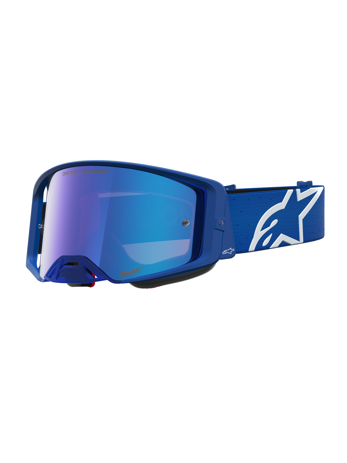 Alpinestars Supertech Vesta veiligheidsbril voor motorcross, blauw en wit, met Mirror Blue lens en verstelbare sterband.
