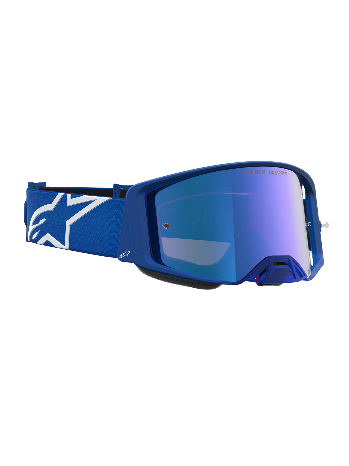 Alpinestars Supertech Vesta motocross-veiligheidsbril, blauw en wit met een blauw gespiegelde lens.