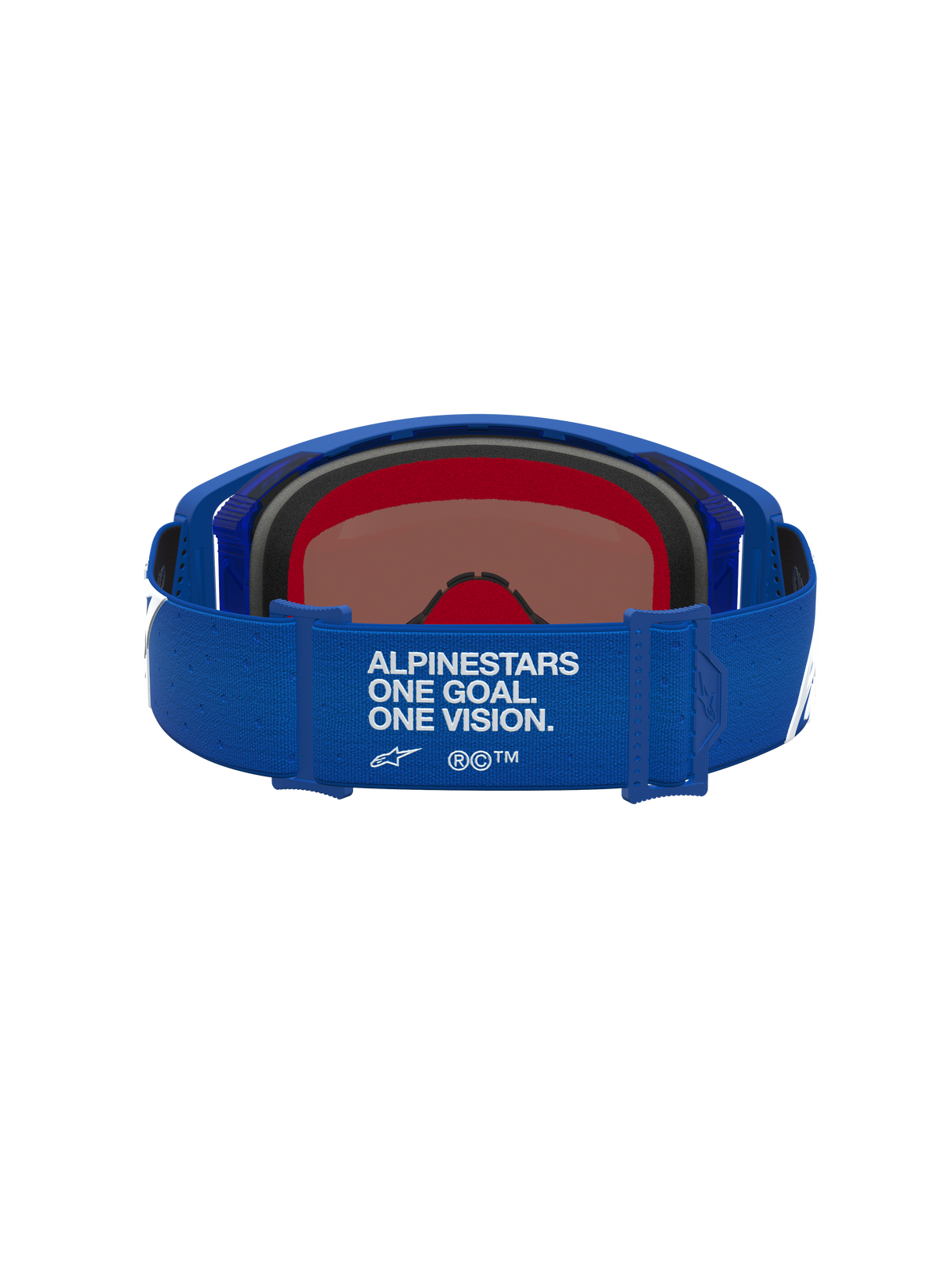 Alpinestars Supertech Vesta veiligheidsbril voor motocross, blauw en wit, voorzien van een merkband en spiegelende blauwe lens.