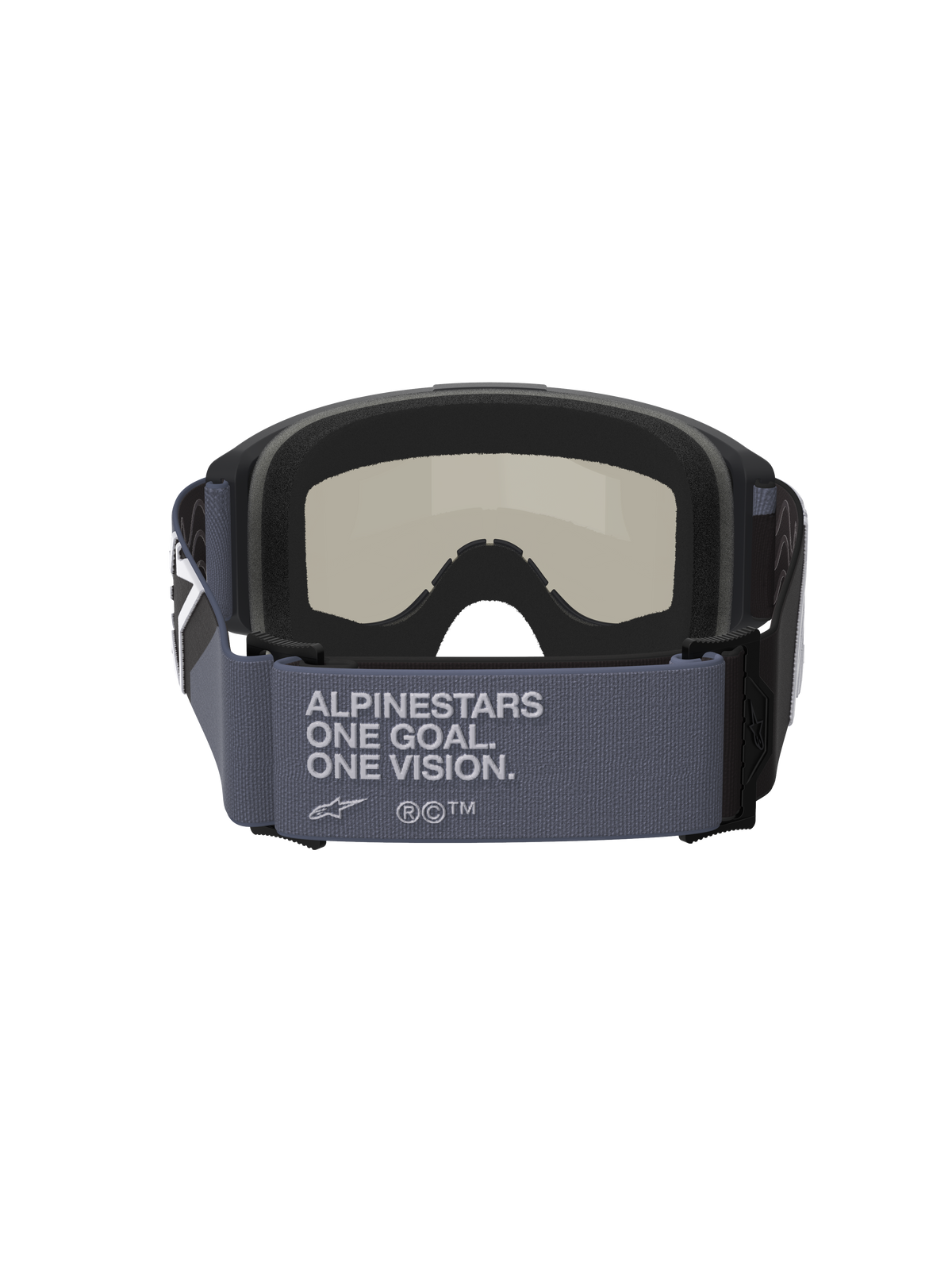 Alpinestars Vision Sand Goggles, motorcrossbril, zwart en grijs, achteraanzicht met de brede grijze band met de tekst 'Alpinestars One Goal. One Vision.', zwart meerlaags gezichtsschuim en donkere rooklens, off-road woestijnuitrusting