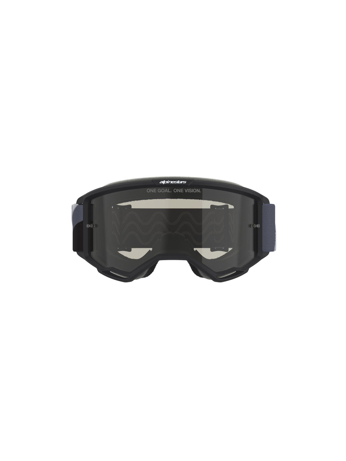 Alpinestars Vision Sand motorcrossbril, crossbril, zwart en grijs met Dark Smoke lens, voorzien van de slogan 'ONE GOAL. ONE VISION.' op de lens, brede geweven band, ontworpen voor bescherming tegen stof en zand in off-road omstandigheden