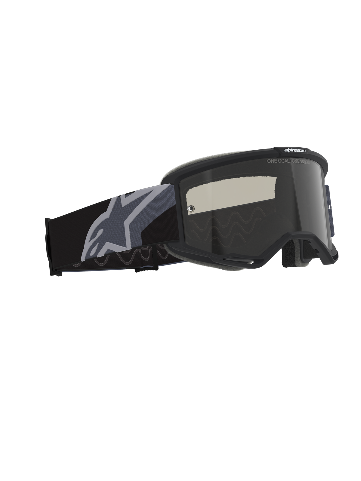Alpinestars Vision Sand Goggles, motorcross- en off-roadbril, zwart en grijs met Dark Smoke-lens, brede geweven band met een groot grijs sterlogo, matzwart frame met RAM-AIR-ventilatie en meerlagig gezichtsschuim voor bescherming tijdens het rijden in de woestijn.