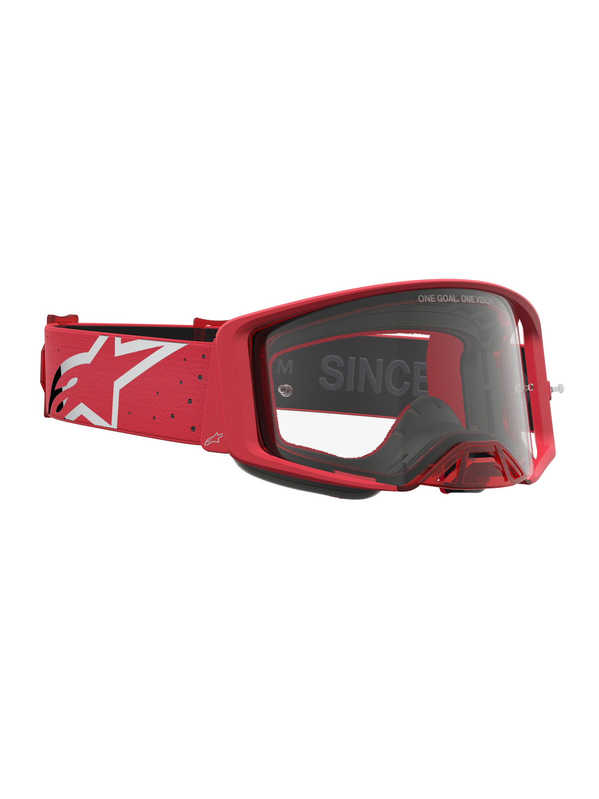 Alpinestars Supertech Vesta veiligheidsbril voor motocross racing, rood en wit, met heldere lens en logo-band.