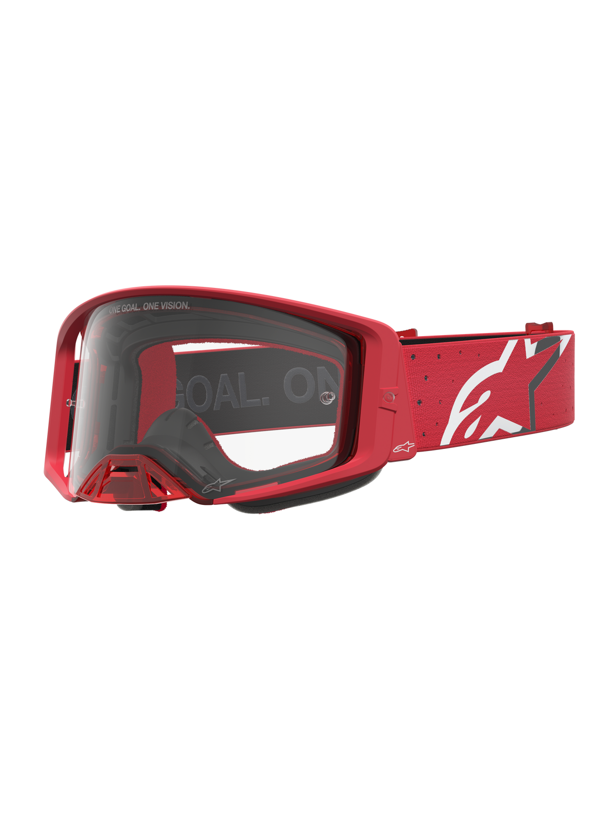 Alpinestars Supertech Vesta veiligheidsbril, rode motorcrossbril met heldere lens en wit ster-logo op de band.