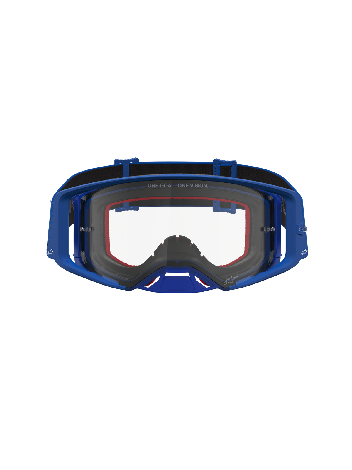 Alpinestars Supertech Vesta veiligheidsbril, motorcrossbril, blauw en wit, heldere lens, vochtregulatie en luchtstroom.