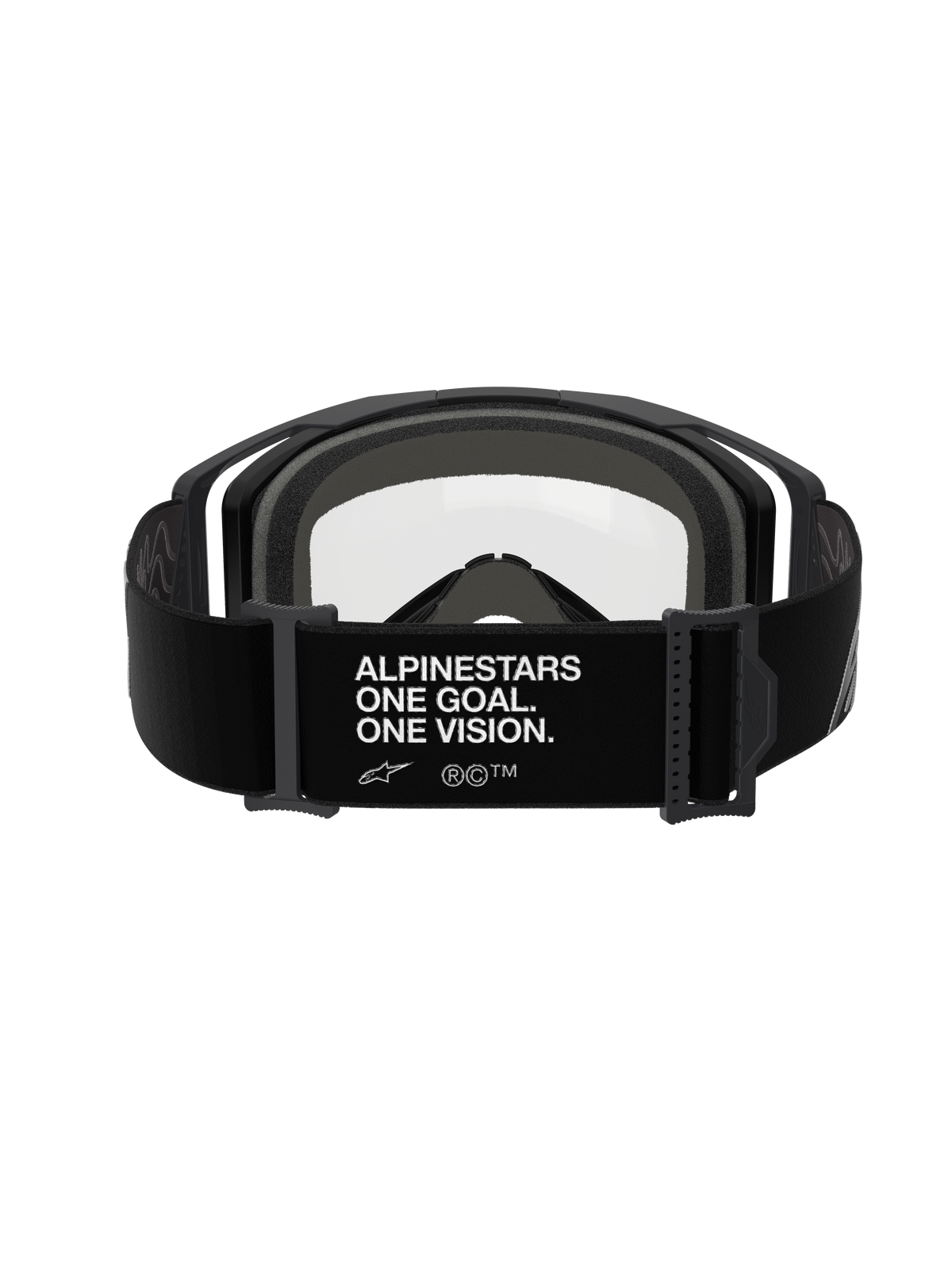Alpinestars Vision 8 Corp Bril - Dual Pane, Zwart Helder, achteraanzicht met brede zwarte band met wit 'ALPINESTARS ONE GOAL. ONE VISION.' opschrift, zwart frame met heldere polycarbonaat lens en dik grijs meerlaags gezichtsschuim, professionele motocrossbril