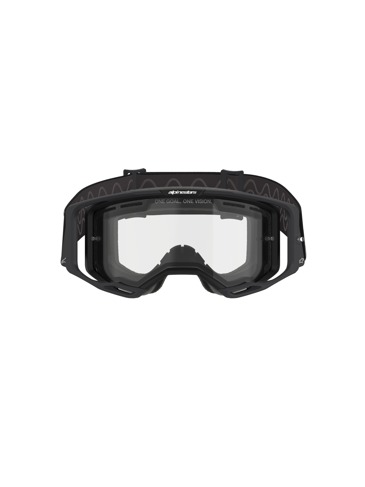 Alpinestars Vision 8 Corp Goggles - Dual Pane, motocrossbril, zwart frame met heldere dual-pane lens, vooraanzicht met outriggers en "ONE GOAL. ONE VISION." branding, technische oogbescherming voor off-road racen