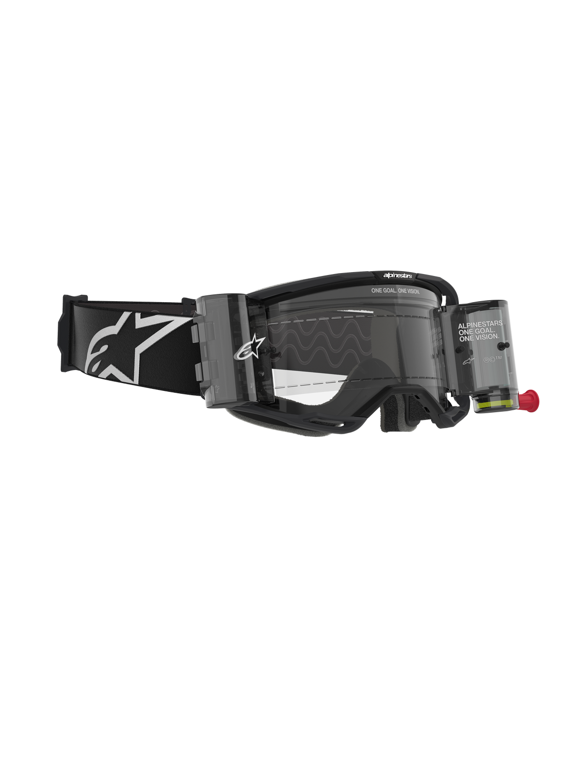 Alpinestars Vision 8 Corp Goggles, motorcrossbril met Roll-Off systeem, zwart en helder, met transparante filmcanisters, een heldere lens en een brede zwarte band met een groot wit Alpinestars-logo