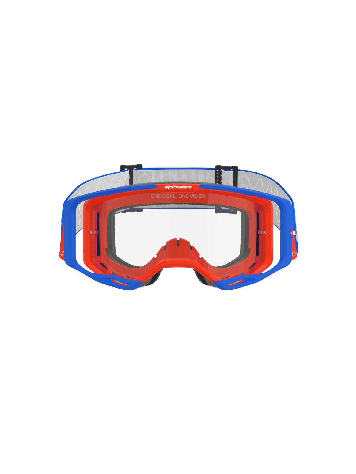 Alpinestars Vision 8 Wordmark motorcrossbril, blauw en oranje met heldere lens, vooraanzicht, voorzien van een tweekleurig flexibel frame, breed perifeer lensontwerp en 'One Goal. One Vision.'-branding op het bovenste binnenframe.