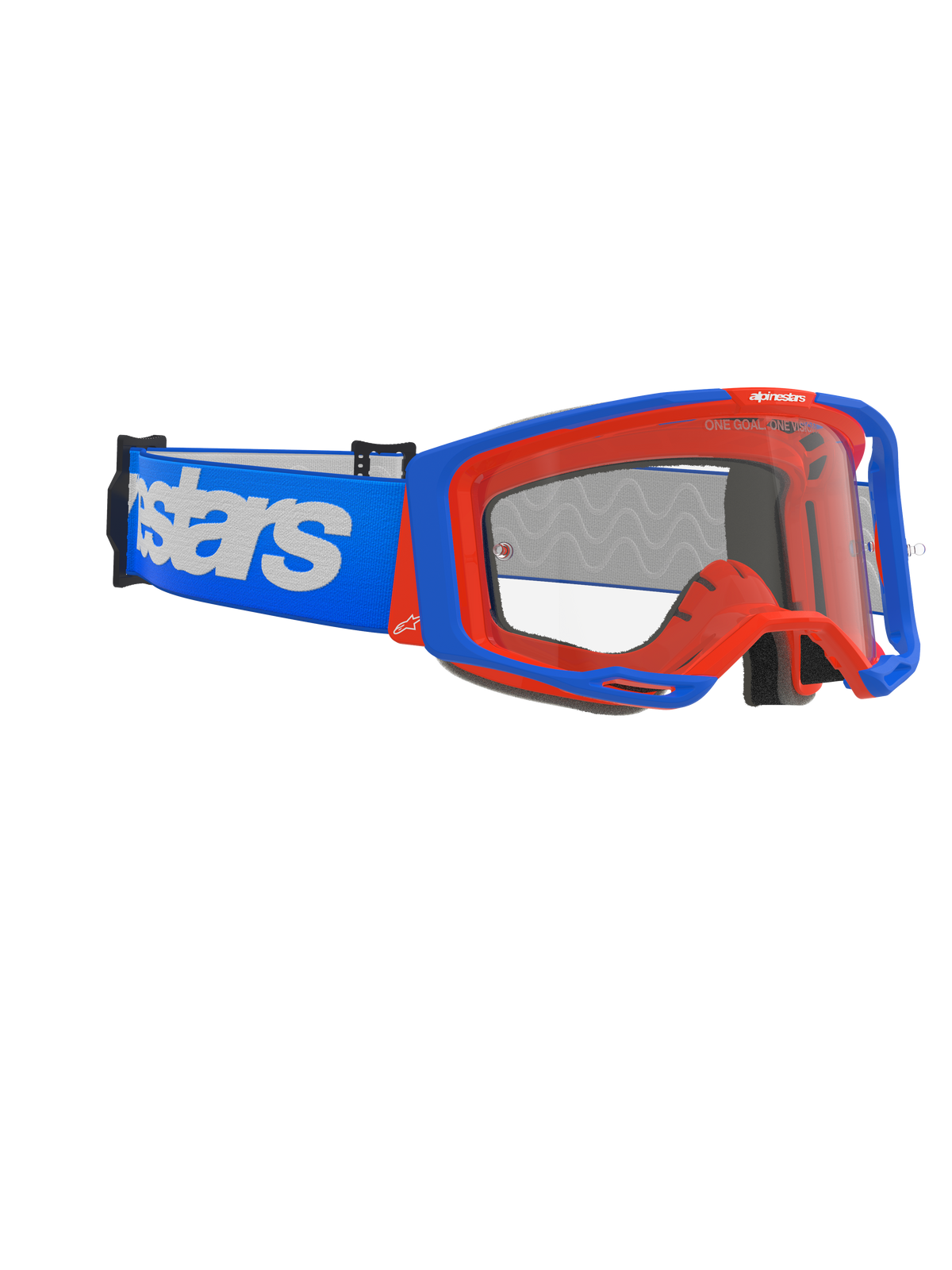 Alpinestars Vision 8 Wordmark Goggles, motorcross bril, blauw en oranje, heldere anti-condens lens, brede blauwe band met witte Alpinestars-branding, hoekig frame met outrigger-systeem, high-performance off-road racebril
