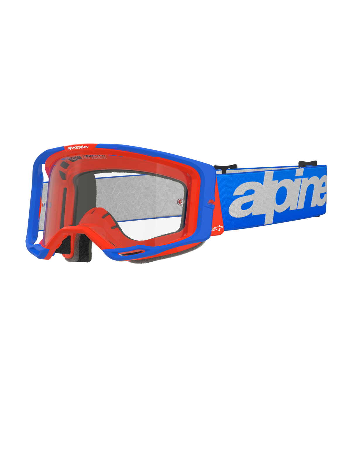 Alpinestars Vision 8 Wordmark crossbril, motorcrossbril, blauw en oranje, heldere lens, brede blauwe band met wit Alpinestars-woordmerk, zwarte padding, sportief ontwerp met zichtbare ventilatieopeningen voor off-road prestaties