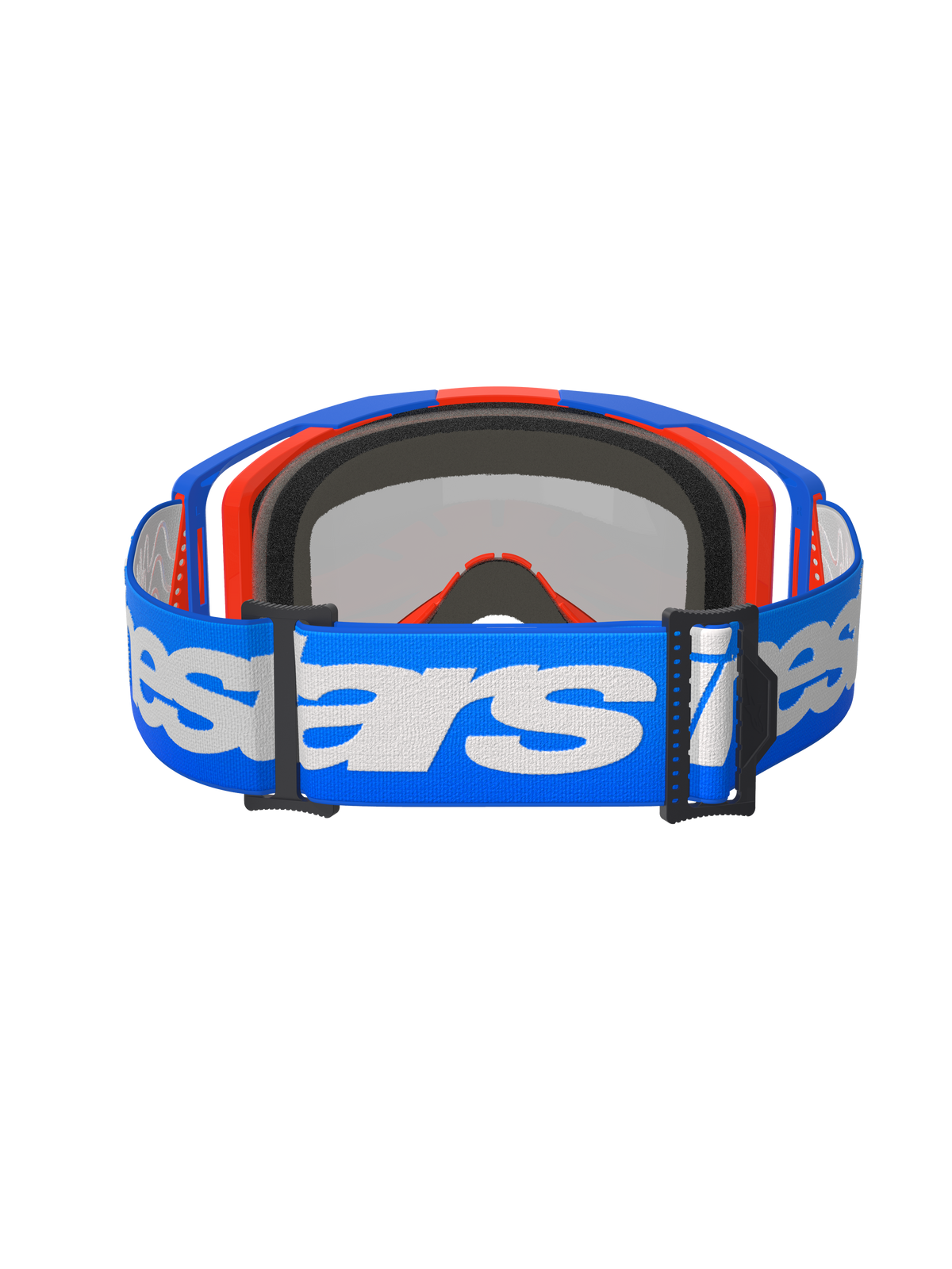Alpinestars Vision 8 Wordmark Goggles, motorcrossbril, Blue Orange Mirror Red, achteraanzicht met een blauwe geweven band met wit Alpinestars woordmerk, intern 3D-gevormd gezichtsschuim en zwarte verstelgespen