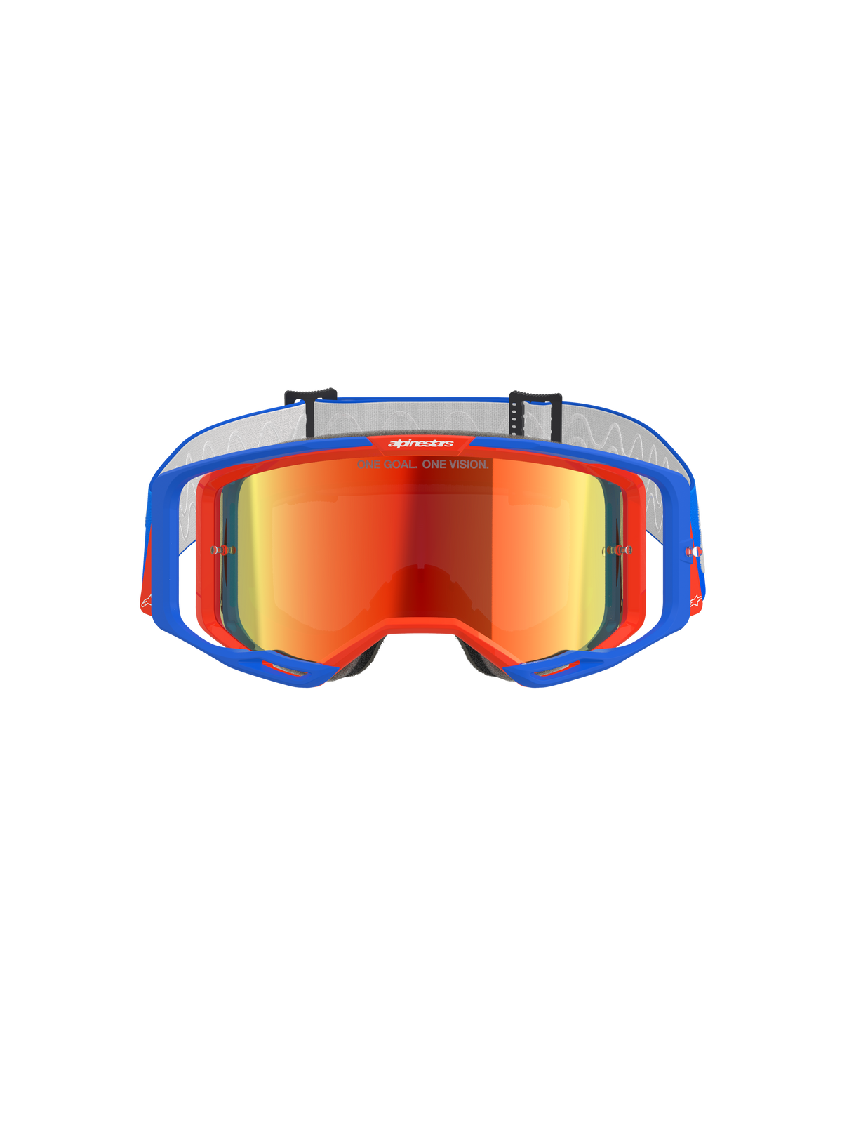 Alpinestars Vision 8 Wordmark Goggles, motorcrossbril, blauw en oranje met rode spiegelende lens, voorzien van een breed gezichtsveld en hoogwaardig A-FLEX frame voor off-road racing.