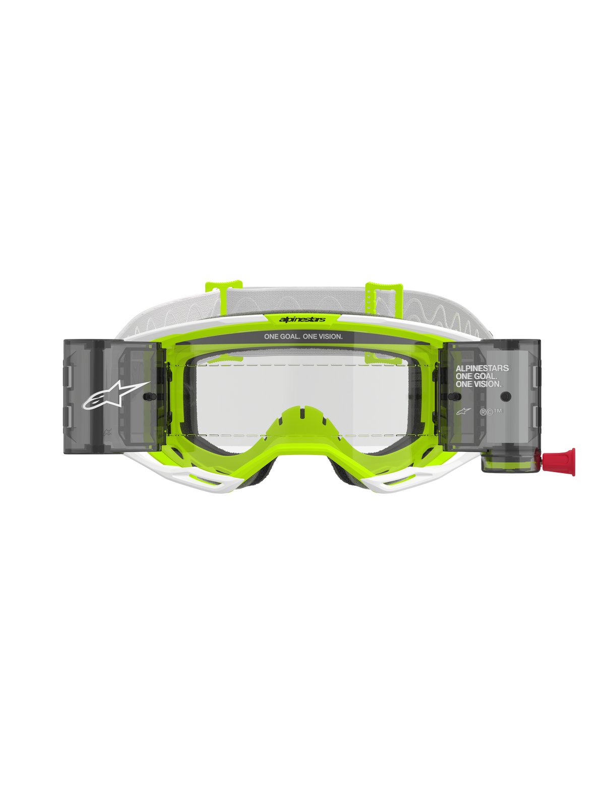 Alpinestars Vision 8 Wordmark Roll-Off crossbril, wit en fluorgeel frame, heldere lens met geïntegreerde roll-off canisters, witte geweven band, voorzien van 'ONE GOAL. ONE VISION.' branding, professionele motorcross oogbescherming