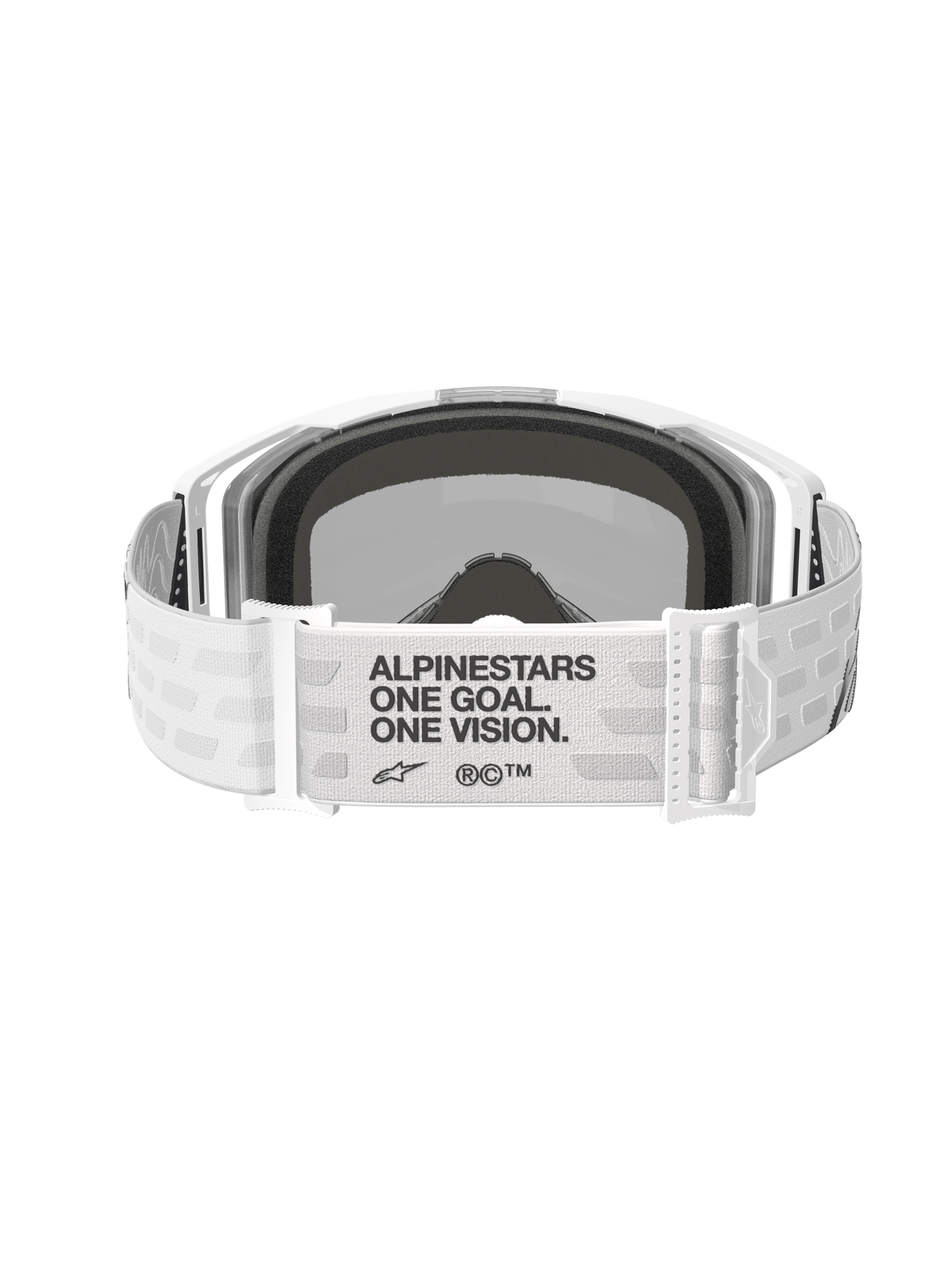 Alpinestars Vision 8 Corp Goggles, Motocross Goggles, White with Mirror Silver lens, rear view featuring a wide white woven strap with black 'ALPINESTARS ONE GOAL. ONE VISION.' text, adjustable buckles and comfortable face foam, designed for off-road performance