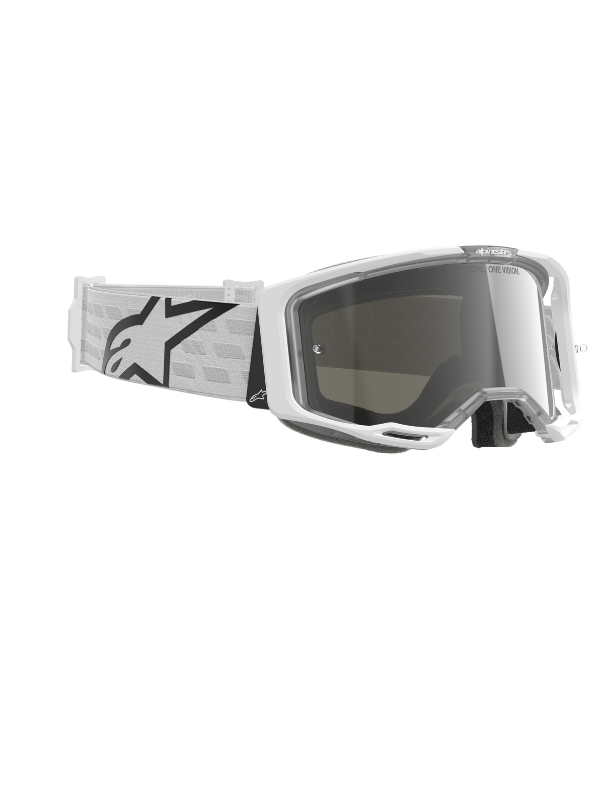 Alpinestars Vision 8 Corp Goggles, Motocross Goggles, White and Mirror Silver, featuring a white A-FLEX frame with silver mirrored lens and a white woven strap with a large black Alpinestars star logo
