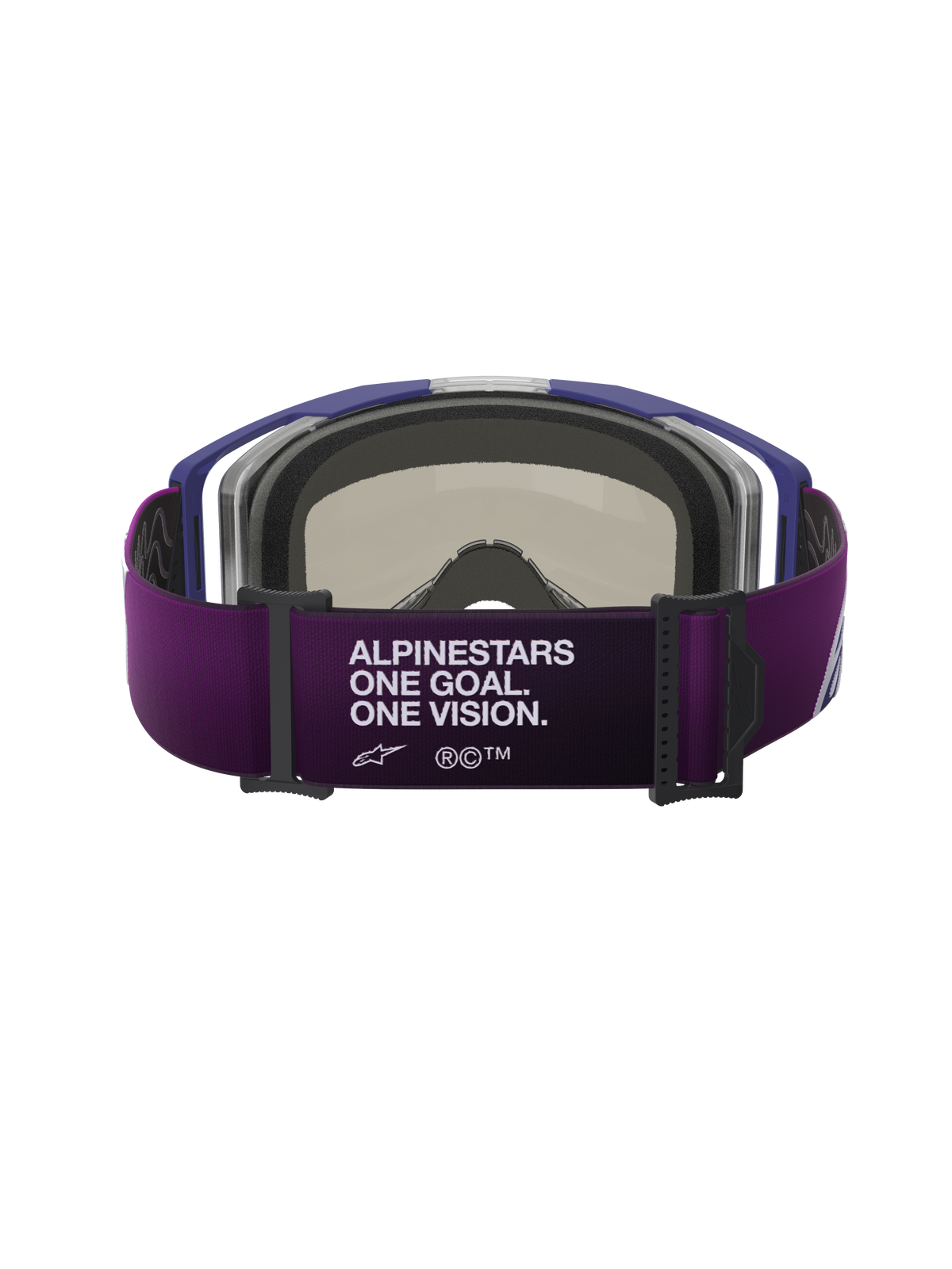 Alpinestars Vision 8 Corp Goggles, back view, purple strap with "ALPINESTARS ONE GOAL. ONE VISION." white text, gray 3D-molded face foam, purple frame, performance motocross goggles