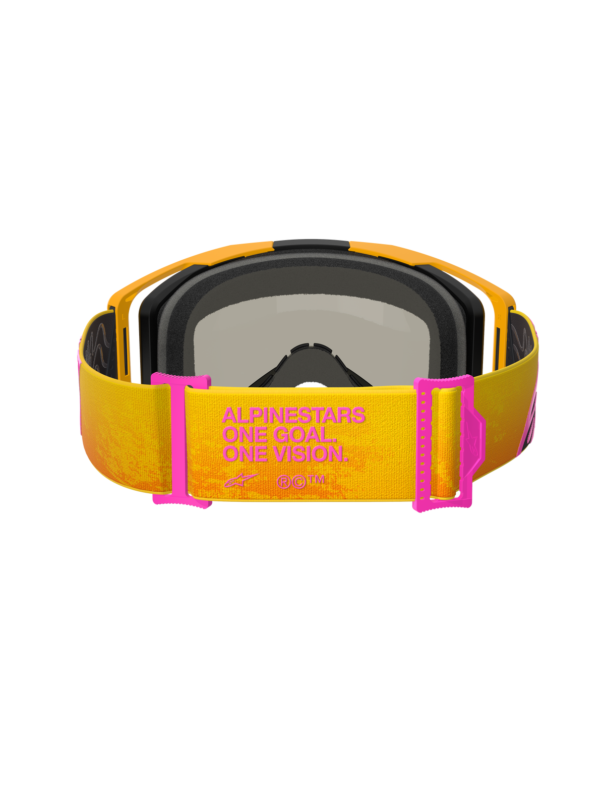 Alpinestars Vision 8 Corp Goggles, motorcrossbril, oranje en geel met roze accenten, achteraanzicht met de band voorzien van 'ALPINESTARS ONE GOAL. ONE VISION.' tekst, roze bandverstellers, oranje frame met zwarte schuimvulling